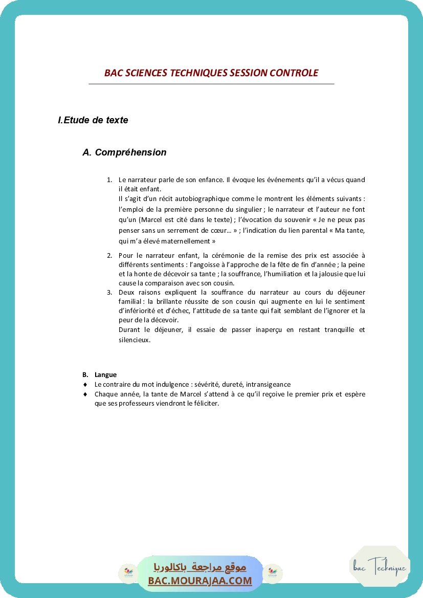 Corrigé controle francais Bac 2009 – Section technique